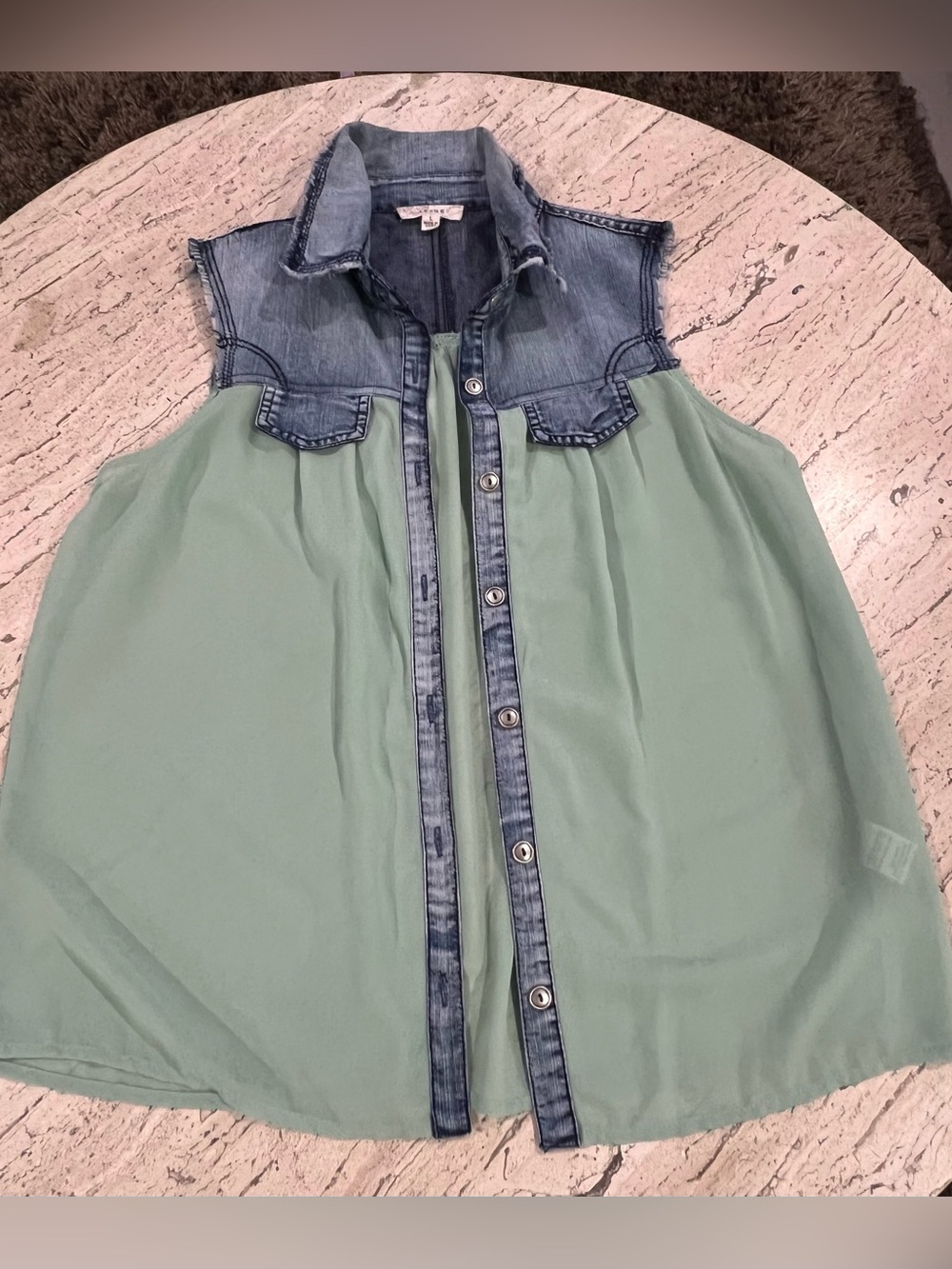 Denim and Mint Green Sleeveless Button Down Blouse
